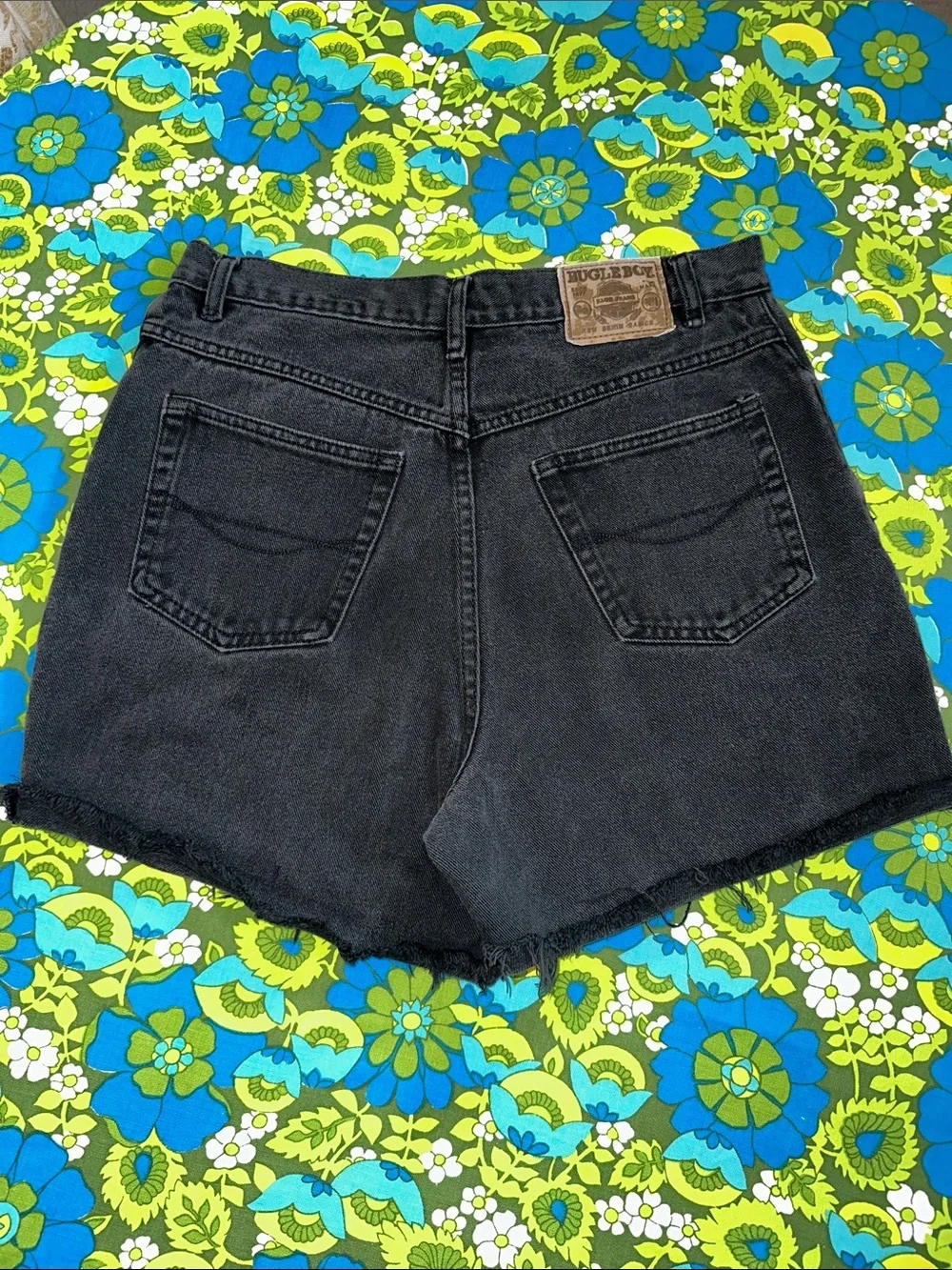 Bugle Boy y2k 90s Black High waist Denim Shorts frayed 12 paint splattered